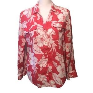 Tommy Bahama Pink And White Floral Long Sleeved Linen Button Front Shirt